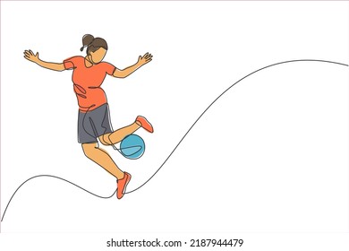 One single line drawing young happy woman perform soccer freestyle, juggling ball at the city square vector illustration graphic. Football freestyler sport concept. Modern continuous line draw design