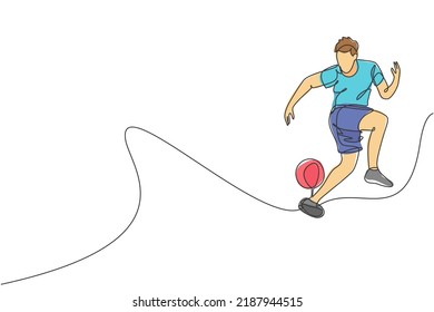 One single line drawing of young man perform soccer freestyle, jump juggling ball with heel at city square vector illustration. Football freestyler sport concept. Modern continuous line draw design