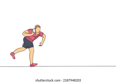 One single line drawing of young energetic man exercise to throw shot put on the field graphic vector illustration. Healthy lifestyle athletic sport concept. Modern continuous line draw design