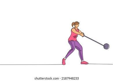 One Single Line Drawing Of Young Energetic Woman Exercise To Focus While Swinging Hammer Throw Vector Illustration Graphic. Healthy Lifestyle Athletic Sport Concept. Modern Continuous Line Draw Design