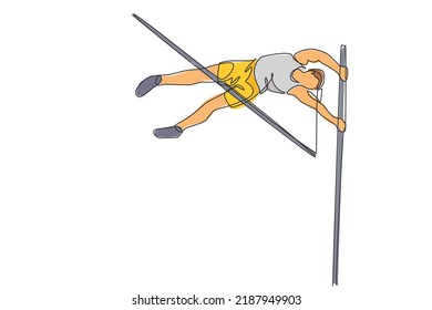 One single line drawing of young energetic woman exercise to pass the bar on pole vault game vector illustration. Healthy athletic sport concept. Competition event. Modern continuous line draw design