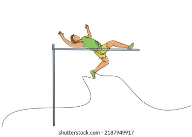 One single line drawing of young energetic man success to pass the bar on high jump match vector illustration. Healthy athletic sport concept. Competition event. Modern continuous line draw design