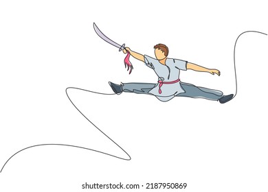 One single line drawing of young man on kimono exercise wushu and kung fu jumping technique with sword on gym center vector illustration. Fighting sport concept. Modern continuous line draw design