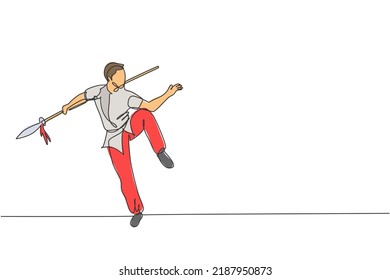 One single line drawing of young man on kimono exercise wushu martial art, kung fu technique with spear on gym center vector illustration. Fighting sport concept. Modern continuous line draw design