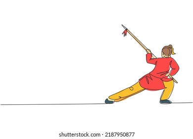 One single line drawing of young woman on kimono exercise wushu martial art, kung fu technique with spear on gym center vector illustration. Fighting sport concept. Modern continuous line draw design