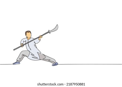 One single line drawing of young man on kimono exercise wushu martial art, kung fu technique with spear on gym center vector illustration. Fighting sport concept. Modern continuous line draw design