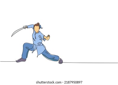 One single line drawing of young woman on kimono exercise wushu martial art, kung fu technique with sword on gym center vector illustration. Fighting sport concept. Modern continuous line draw design