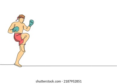 One single line drawing of young energetic muay thai fighter man exercising kick at gym fitness center vector illustration. Combative thai boxing sport concept. Modern continuous line draw design