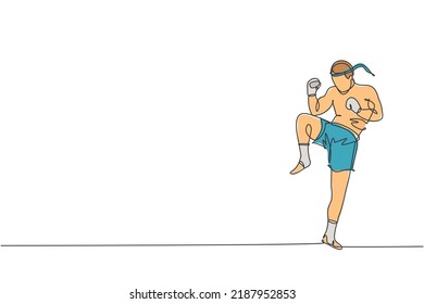 One single line drawing of young energetic muay thai fighter man exercising at gym fitness center vector illustration graphic. Combative thai boxing sport concept. Modern continuous line draw design