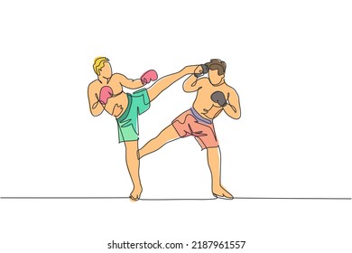 One single line drawing of young energetic man kickboxer practice sparring combat with partner in boxing arena vector illustration. Healthy lifestyle sport concept. Modern continuous line draw design
