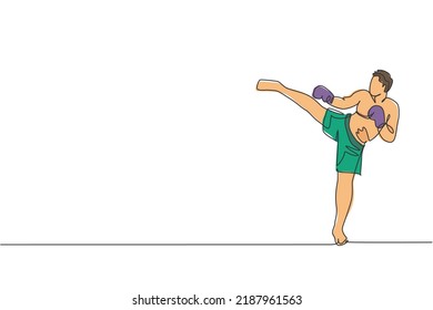 One single line drawing of young energetic man kickboxer practice side kick in boxing arena graphic vector illustration. Healthy lifestyle sport concept. Modern continuous line draw design