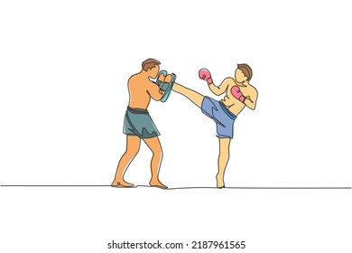 Eine einzige Linie Zeichnung von jungen energetischen Mann kickboxer Praxis mit Personal Trainer in Boxarena Grafik Vektorgrafik. Gesundes Lifestyle-Sportkonzept. Modernes Design für fortlaufende Linienführung