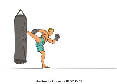 One single line drawing of young energetic man kickboxer practice high kicking with punch bag in boxing arena vector illustration. Healthy lifestyle sport concept. Modern continuous line draw design