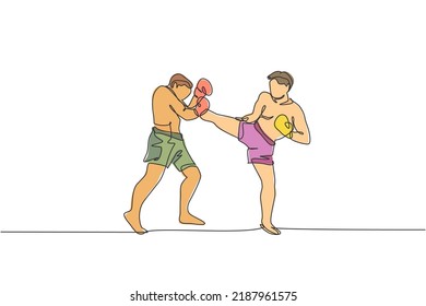 One single line drawing of young energetic man kickboxer practice with personal trainer in boxing arena vector graphic illustration. Healthy lifestyle sport concept. Modern continuous line draw design