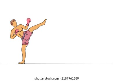 One single line drawing of young energetic man kickboxer practice high kick stance in boxing arena graphic vector illustration. Healthy lifestyle sport concept. Modern continuous line draw design