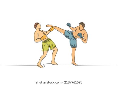 One single line drawing of young energetic man kickboxer practice sparring fight with partner in boxing arena vector illustration. Healthy lifestyle sport concept. Modern continuous line draw design