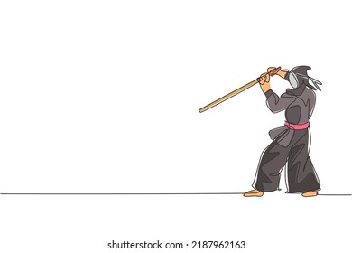 One Single Line Drawing Young Energetic Man Exercise Defense Kendo Move With Wooden Sword At Gym Center Graphic Vector Illustration. Combative Fight Sport Concept. Modern Continuous Line Draw Design