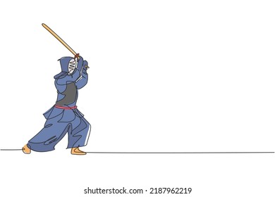 One Single Line Drawing Of Young Energetic Man Exercise Attack Skill On Kendo With Wooden Sword At Gym Center Vector Illustration. Combative Fight Sport Concept. Modern Continuous Line Draw Design