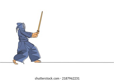 One Single Line Drawing Young Energetic Man Exercise Defense Kendo Skill With Wooden Sword At Gym Center Vector Graphic Illustration. Combative Fight Sport Concept. Modern Continuous Line Draw Design