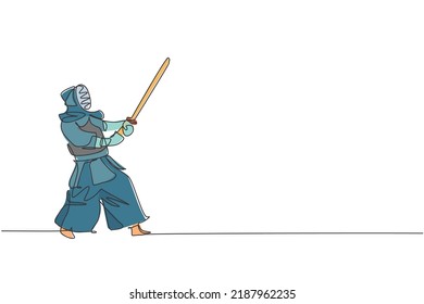 One Single Line Drawing Of Young Energetic Man Exercise Defense Skill On Kendo With Wooden Sword At Gym Center Vector Illustration. Combative Fight Sport Concept. Modern Continuous Line Draw Design