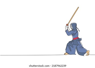 One Single Line Drawing Of Young Energetic Man Exercise Kendo Stance Pose With Wooden Sword At Gym Center Graphic Vector Illustration. Combative Fight Sport Concept. Modern Continuous Line Draw Design