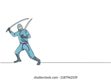 One single line drawing of young energetic Japanese traditional ninja holding samurai swords on attack pose vector illustration. Combative martial art sport concept. Modern continuous line draw design