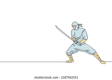 One single line drawing of young energetic Japanese traditional ninja holding samurai sword on attack pose vector illustration. Combative martial art sport concept. Modern continuous line draw design