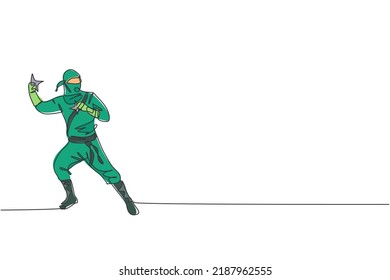One single line drawing of young energetic Japanese traditional ninja holding star shuriken on attack pose vector illustration. Combative martial art sport concept. Modern continuous line draw design