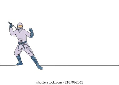 Eine einzige Linie Zeichnung der jungen energetischen japanischen traditionellen Ninja, die Samurai Schwert auf Angriff Pose Vektorgrafik hält. Konzept des Kampfsport. Modernes Design für fortlaufende Linienführung