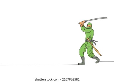 One single line drawing of young energetic Japanese traditional ninja holding samurai sword on attack pose vector illustration. Combative martial art sport concept. Modern continuous line draw design