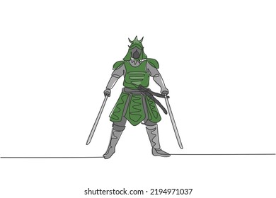 One single line drawing of young Japanese samurai warrior holding katana sword practicing at dojo center vector graphic illustration. Combative martial art concept. Modern continuous line draw design