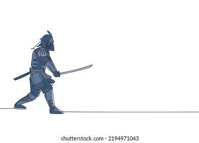 Dibujo de una sola línea de un joven guerrero samurai japonés sosteniendo una espada katana practicando en el dojo central gráfico de ilustración vectorial. Concepto de arte marcial combativo. Diseño de traza de línea continua moderna