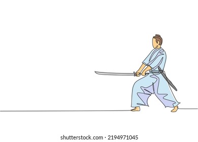 One single line drawing of young Japanese samurai warrior holding katana sword practicing at dojo center vector graphic illustration. Combative martial art concept. Modern continuous line draw design