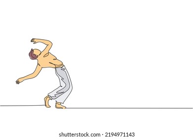 One single line drawing of young energetic man capoeira dancer perform dancing fight graphic vector illustration. Traditional martial art lifestyle sport concept. Modern continuous line draw design