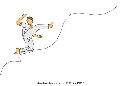 One single line drawing of young energetic man capoeira dancer perform dancing fight vector graphic illustration. Traditional martial art lifestyle sport concept. Modern continuous line draw design