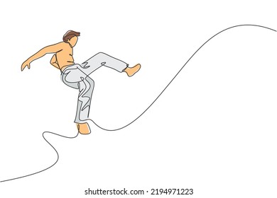 One single line drawing of young energetic man capoeira dancer perform jump dancing fight vector illustration. Traditional martial art lifestyle sport concept. Modern continuous line draw design