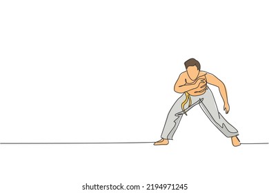 One single line drawing of young energetic man capoeira dancer perform dancing fight vector graphic illustration. Traditional martial art lifestyle sport concept. Modern continuous line draw design