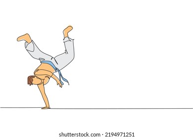 One single line drawing of young energetic man capoeira dancer perform dancing fight vector graphic illustration. Traditional martial art lifestyle sport concept. Modern continuous line draw design