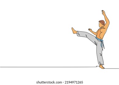 One single line drawing of young energetic man capoeira dancer perform dancing fight vector graphic illustration. Traditional martial art lifestyle sport concept. Modern continuous line draw design