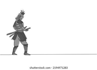 Eine einzelne Zeichnung des jungen japanischen Samurai-Kriegers, der Katana-Schwert hält, der im Zentrum des Dojo praktiziert wird, Vektorgrafik-Illustration. Combative Kampfkunst Konzept. Modernes Design für fortlaufende Linienführung