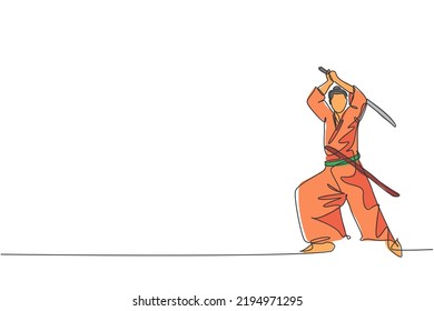 Eine einzelne Zeichnung des jungen japanischen Samurai-Kriegers, der Katana-Schwert hält, der in der Vektorgrafik des Dojo-Zentrums praktiziert wird. Combative Kampfkunst Konzept. Modernes Design für fortlaufende Linienführung