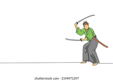 Un dibujo de una sola línea de un joven guerrero samurai japonés sosteniendo una espada katana practicando en el dojo central ilustración vectorial gráfica. Concepto de arte marcial combativo. Diseño de traza de línea continua moderna