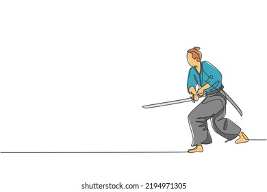 One single line drawing of young Japanese samurai warrior holding katana sword practicing at dojo center graphic vector illustration. Combative martial art concept. Modern continuous line draw design