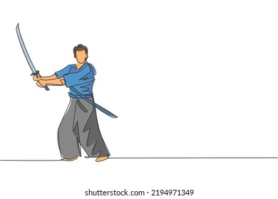 One single line drawing of young Japanese samurai warrior holding katana sword practicing at dojo center graphic vector illustration. Combative martial art concept. Modern continuous line draw design