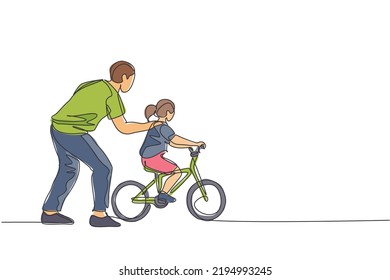 One single line drawing young father teaching his daughter riding bicycle at public park vector graphic illustration. Fatherhood lesson. Urban family time concept. Modern continuous line draw design