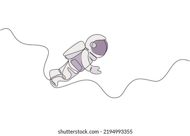 One single line drawing of young astronaut in spacesuit flying at outer space vector illustration. Spaceman adventure galactic space concept. Modern continuous line draw design graphic