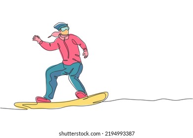 One single line drawing of young energetic snowboarder woman ride fast snowboard at snowy mountain vector illustration. Tourist vacation lifestyle sport concept. Modern continuous line draw design