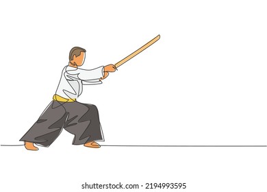 One Single Line Drawing Of Young Energetic Man Wearing Kimono Exercise Aikido Technique With Wooden Sword In Sport Hall Vector Illustration. Health Lifestyle Sport Concept. Continuous Line Draw Design