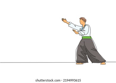 One single line drawing of young energetic man wearing kimono exercise aikido technique in sports hall vector graphic illustration. Healthy lifestyle sport concept. Modern continuous line draw design