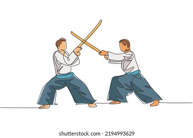 One Single Line Drawing Of Young Energetic Man Wearing Kimono Exercise Aikido Fight With Wooden Sword In Sports Hall Vector Illustration. Healthy Lifestyle Sport Concept. Continuous Line Draw Design